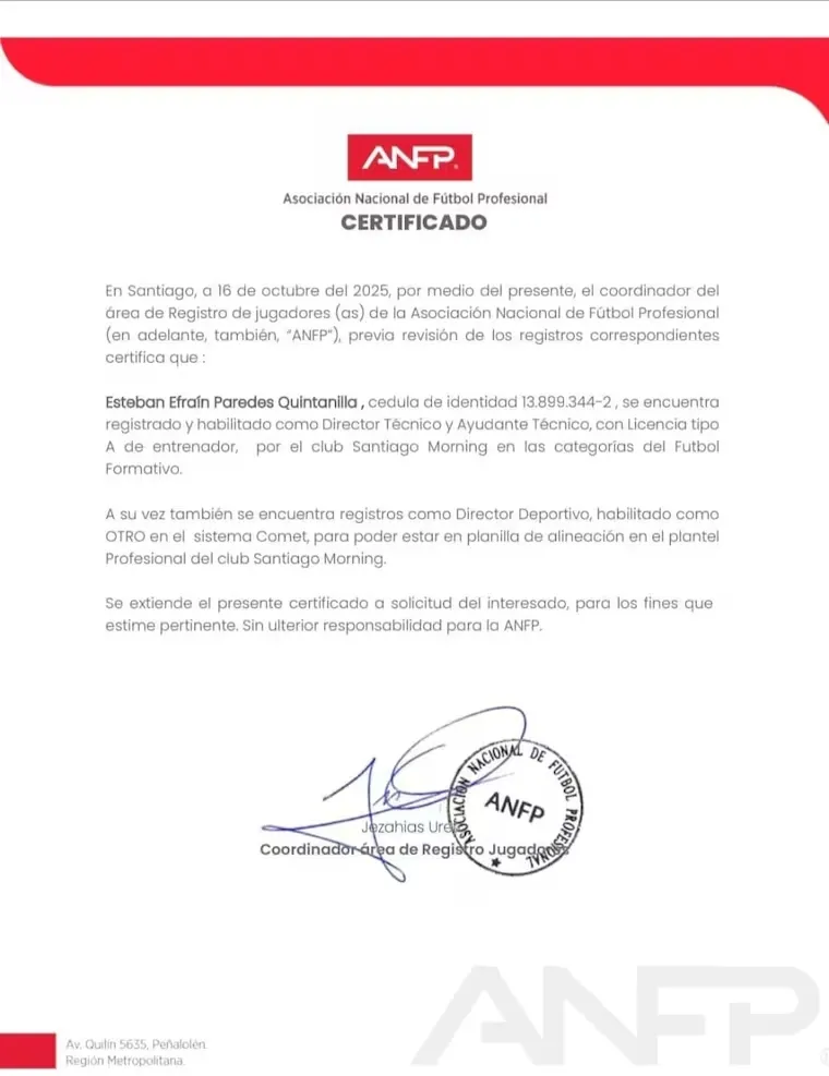 Documento que acredita la habilitación de Esteban Paredes / ©ADN Deportes.