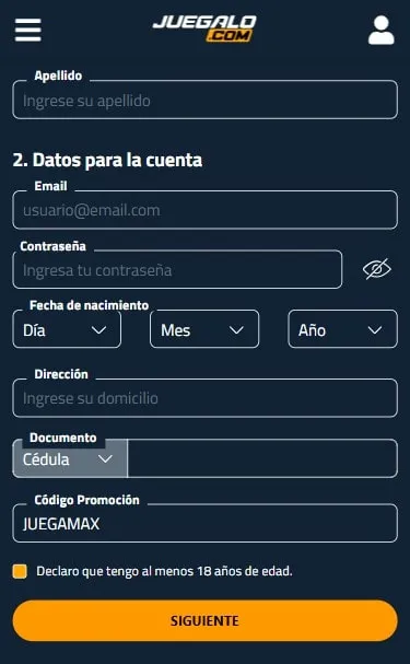 registro en juegalo con el código promocional