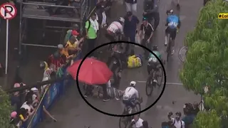 Líder de la Vuelta a Colombia ganó la etapa y atropelló a su esposa en los festejos