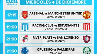 Partidos de hoy, miércoles 4 de diciembre: Horarios y cómo ver fútbol en vivo