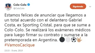 ¿Por qué Colo Colo borró el tuit con el que anunció el acuerdo por Gabriel Costa?
