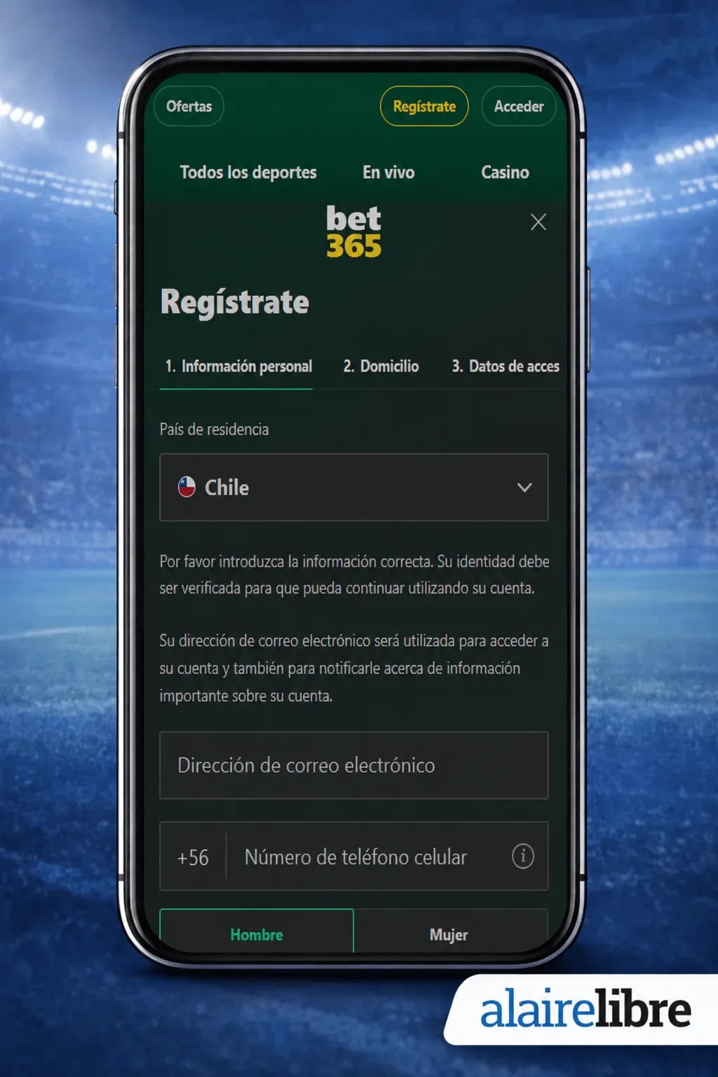 Registro en Bet365 desde el celular
