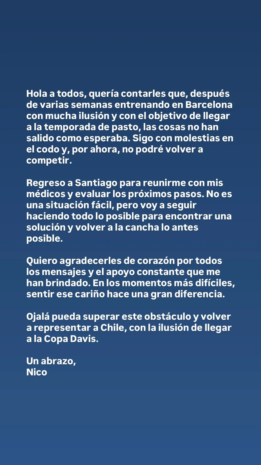 Comunicado de Nicolás Jarry en su Instagram
