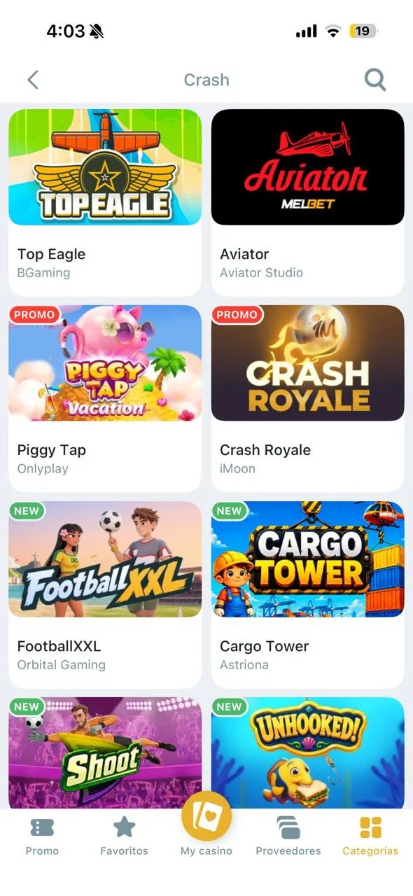 Sección de crash games en Melbet