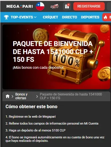 oferta de casino megapari: Paquete de bienvenida de hasta 1541000 CLP + 150 FS