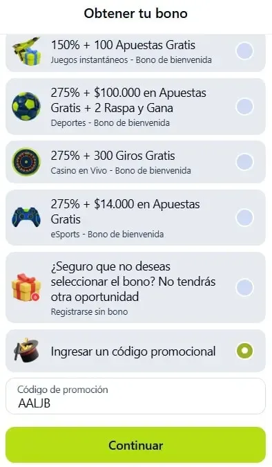 registro en jugabet con el código promocional 