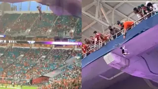 Gato causó preocupación al quedar colgando en un estadio