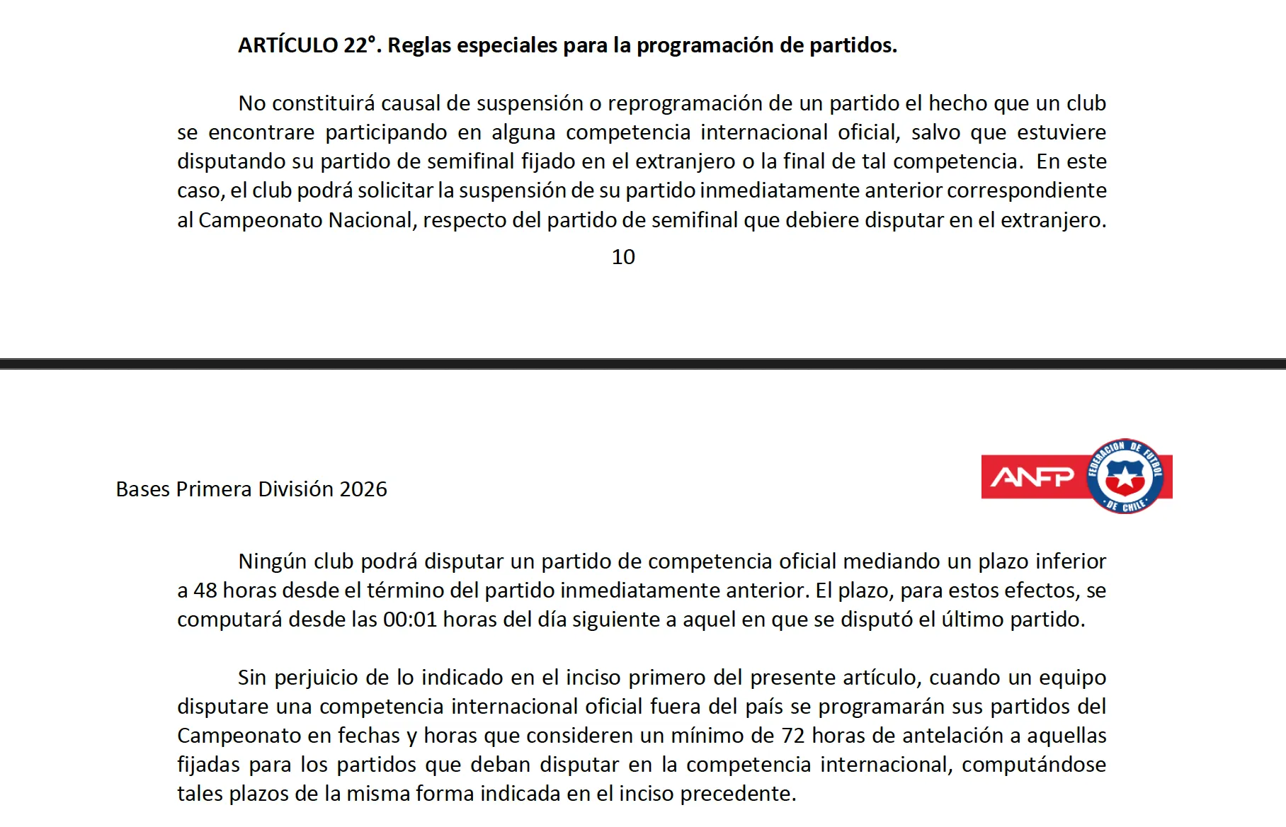 Artículo 22º Bases Campeonato Nacional 2026 / ANFP